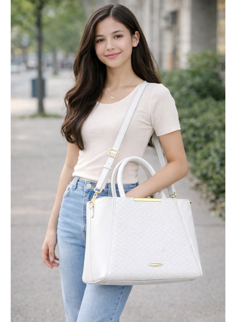 حقيبة كتف نسائية أنيقة ذات ملمس مميز مع حزام كتف قابل للتعديل، حقيبة واسعة وعصرية مناسبة للعمل والاستخدام اليومي (أبيض) - Image 2